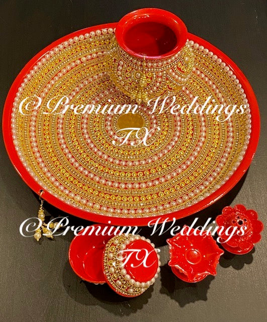 Red Gold Circular Puja Thaali Set - Handmade