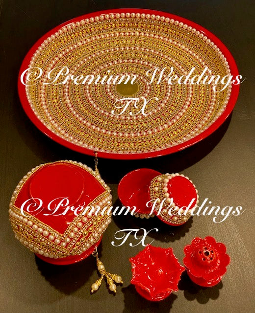 Red Gold Circular Puja Thaali Set - Handmade