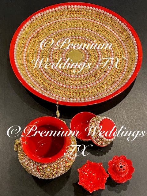 Red Gold Circular Puja Thaali Set - Handmade
