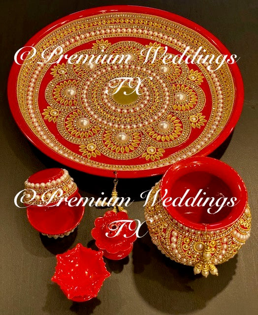 Red Puja Thaali Set - Handmade - Premium Weddings TX