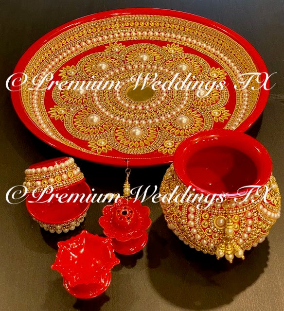 Red Puja Thaali Set - Handmade - Premium Weddings TX