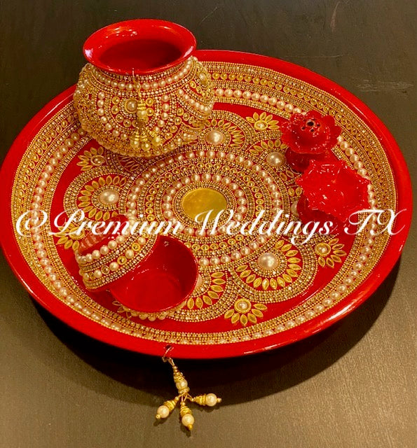Red Puja Thaali Set - Handmade - Premium Weddings TX