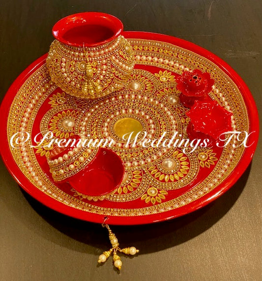 Red Puja Thaali Set - Handmade - Premium Weddings TX