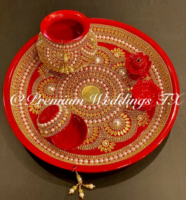 Red Puja Thaali Set - Handmade - Premium Weddings TX