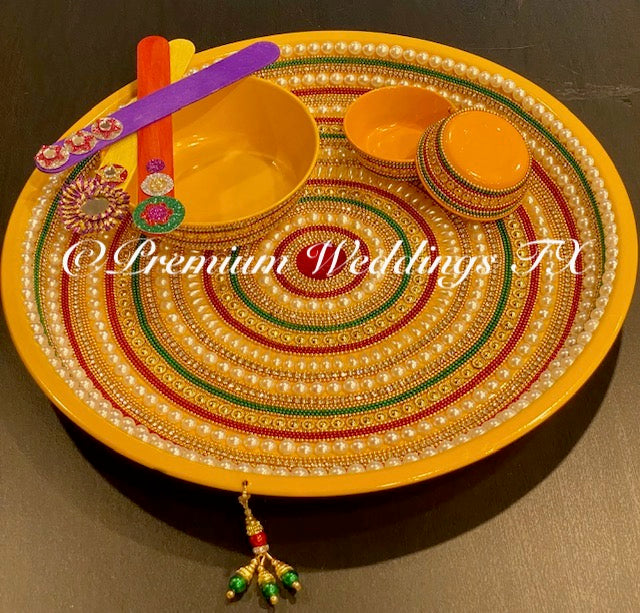 Yellow Red/Green Haldi Thaali Set - Premium Weddings TX