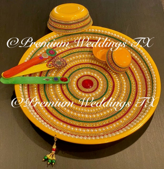 Yellow Red/Green Haldi Thaali Set - Premium Weddings TX