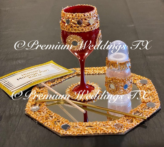 Hexagon Plate Red Doodh Pilai Glass - Premium Weddings TX