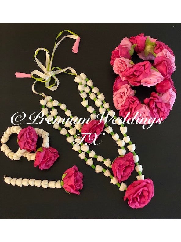 Pink Rose Necklace Gajra Set - Premium Weddings TX