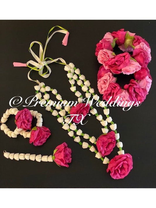 Pink Rose Necklace Gajra Set - Premium Weddings TX