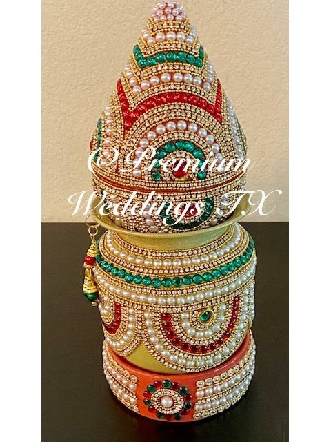 Green Red & Gold Kalash With Coconut Cover - Premium Weddings TX