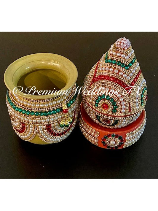 Green Red & Gold Kalash With Coconut Cover - Premium Weddings TX