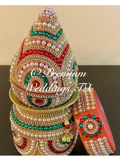 Green Red & Gold Kalash With Coconut Cover - Premium Weddings TX