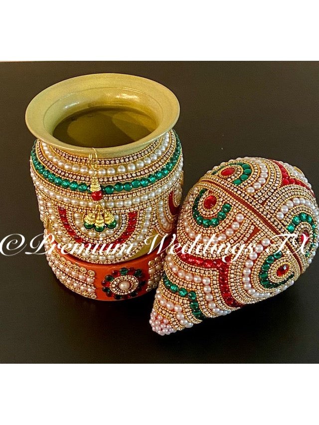 Green Red & Gold Kalash With Coconut Cover - Premium Weddings TX