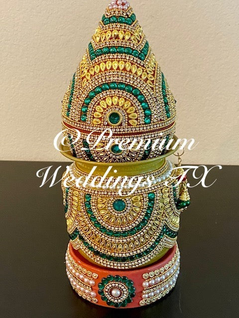 Green & Gold Kalash With Coconut Cover - Premium Weddings TX