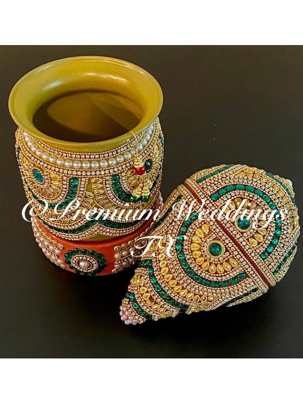 Green & Gold Kalash With Coconut Cover - Premium Weddings TX