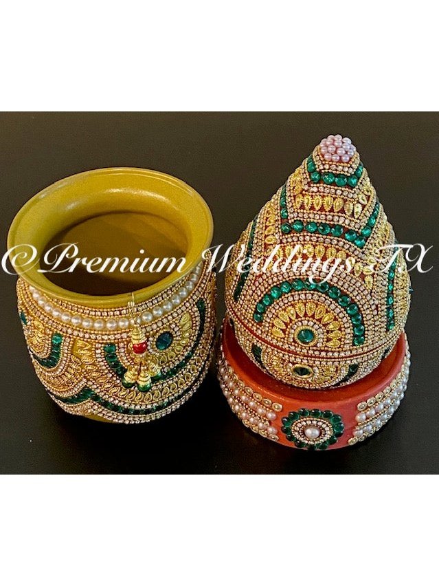 Green & Gold Kalash With Coconut Cover - Premium Weddings TX