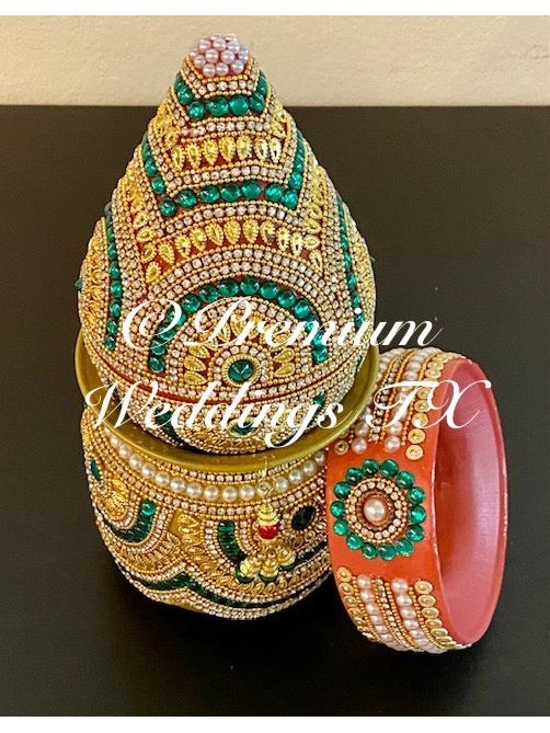 Green & Gold Kalash With Coconut Cover - Premium Weddings TX