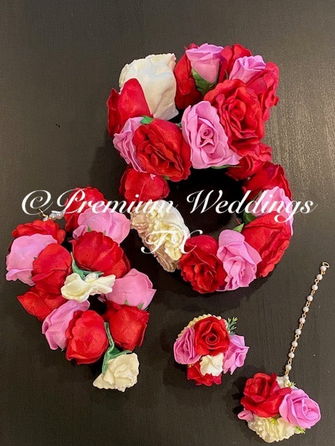 Red & Pink Rose Buds Gajra Set - Premium Weddings TX