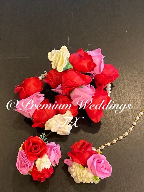 Red & Pink Rose Buds Gajra Set - Premium Weddings TX