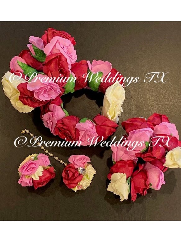 Red & Pink Rose Buds Gajra Set - Premium Weddings TX