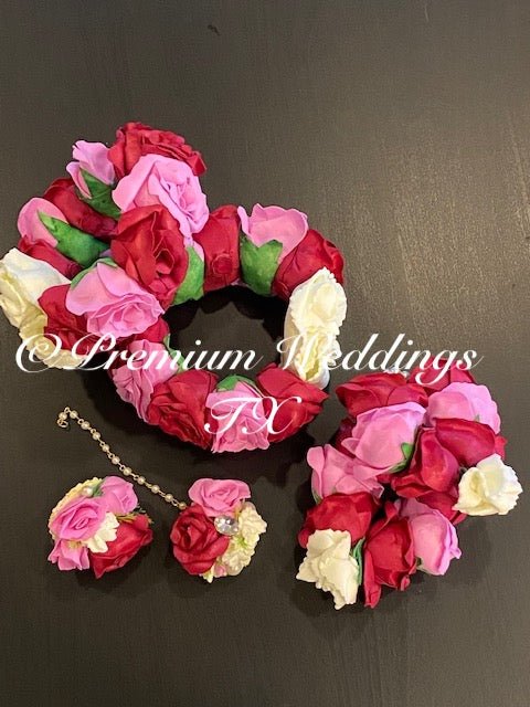 Red & Pink Rose Buds Gajra Set - Premium Weddings TX