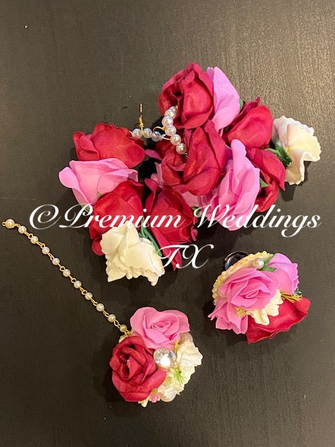 Red & Pink Rose Buds Gajra Set - Premium Weddings TX