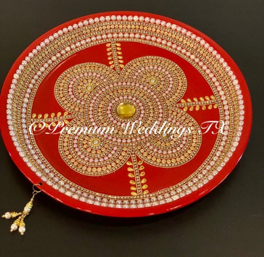 Red Clover Pearl Beaded Embellished Mehndi Thaal, Mehndi Plates, Mehndi Thaali, Puja Thaali, Mehndi Decor, Mehndi, Haldi, Haldi Decor, Shaadi Decor, Shagun, Home Decor, Indian Wedding, Punjabi Wedding, Pakistani Wedding, Centerpiece Decor, Wedding Decor, Pearl Gold Embellished Thaali, Red Thaali, Embellished Thaali, Embellished Thaals, Thaali, Mehndi Thaals, Thaals