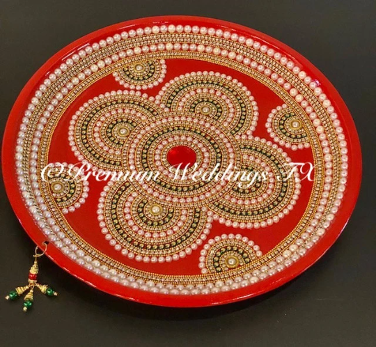 Red Flower Green Beaded Embellished Mehndi Thaal, Mehndi Plates, Mehndi Thaali, Puja Thaali, Mehndi Decor, Mehndi, Haldi, Haldi Decor, Shaadi Decor, Shagun, Home Decor, Indian Wedding, Punjabi Wedding, Pakistani Wedding, Centerpiece Decor, Wedding Decor, Pearl Gold Embellished Thaali, Red Thaali, Embellished Thaali, Embellished Thaals, Thaali, Mehndi Thaals, Thaals