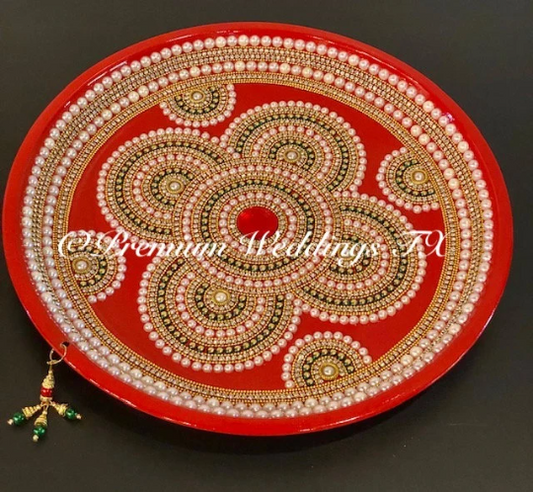 Red Flower Green Bead Thaal - Premium Weddings TX