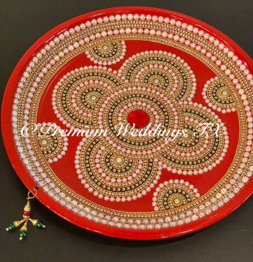 Red Flower Green Beaded Embellished Mehndi Thaal, Mehndi Plates, Mehndi Thaali, Puja Thaali, Mehndi Decor, Mehndi, Haldi, Haldi Decor, Shaadi Decor, Shagun, Home Decor, Indian Wedding, Punjabi Wedding, Pakistani Wedding, Centerpiece Decor, Wedding Decor, Pearl Gold Embellished Thaali, Red Thaali, Embellished Thaali, Embellished Thaals, Thaali, Mehndi Thaals, Thaals