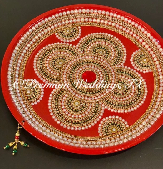 Red Flower Green Bead Thaal - Premium Weddings TX