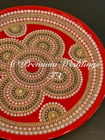 Red Flower Green Bead Thaal - Premium Weddings TX