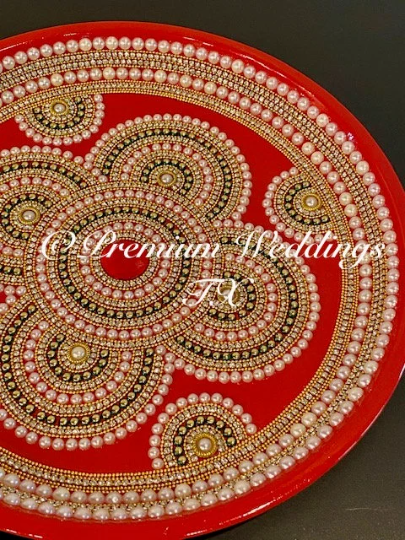 Red Flower Green Beaded Embellished Mehndi Thaal, Mehndi Plates, Mehndi Thaali, Puja Thaali, Mehndi Decor, Mehndi, Haldi, Haldi Decor, Shaadi Decor, Shagun, Home Decor, Indian Wedding, Punjabi Wedding, Pakistani Wedding, Centerpiece Decor, Wedding Decor, Pearl Gold Embellished Thaali, Red Thaali, Embellished Thaali, Embellished Thaals, Thaali, Mehndi Thaals, Thaals