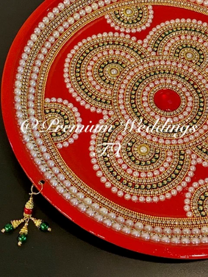 Red Flower Green Beaded Embellished Mehndi Thaal, Mehndi Plates, Mehndi Thaali, Puja Thaali, Mehndi Decor, Mehndi, Haldi, Haldi Decor, Shaadi Decor, Shagun, Home Decor, Indian Wedding, Punjabi Wedding, Pakistani Wedding, Centerpiece Decor, Wedding Decor, Pearl Gold Embellished Thaali, Red Thaali, Embellished Thaali, Embellished Thaals, Thaali, Mehndi Thaals, Thaals