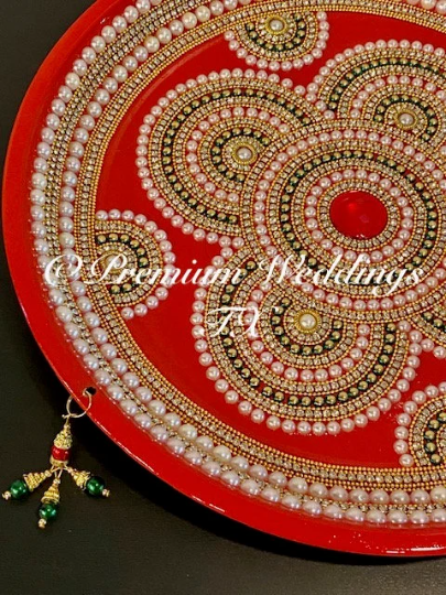 Red Flower Green Bead Thaal - Premium Weddings TX