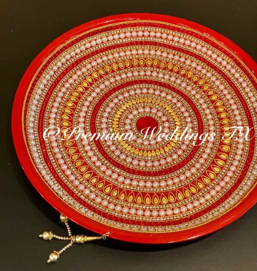 Red Gold/Pearl Embellished Thaal - Premium Weddings TX