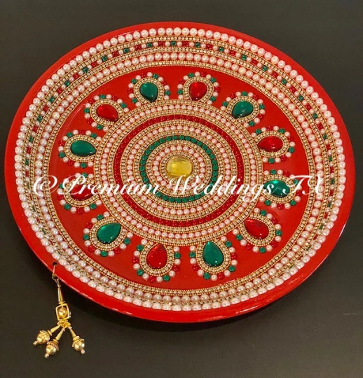Red Multi Flower Stone Embellished Thaal - Premium Weddings TX