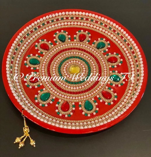 Red Multi Flower Stone Beaded Embellished Mehndi Thaal, Mehndi Plates, Mehndi Thaali, Puja Thaali, Mehndi Decor, Mehndi, Haldi, Haldi Decor, Shaadi Decor, Shagun, Home Decor, Indian Wedding, Punjabi Wedding, Pakistani Wedding, Centerpiece Decor, Wedding Decor, Pearl Gold Embellished Thaali, Red Thaali, Embellished Thaali, Embellished Thaals, Thaali, Mehndi Thaals, Thaals