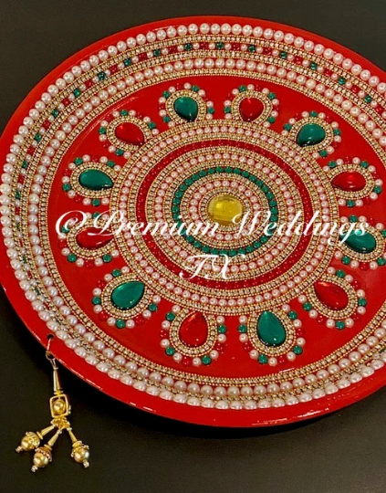 Red Multi Flower Stone Embellished Thaal - Premium Weddings TX