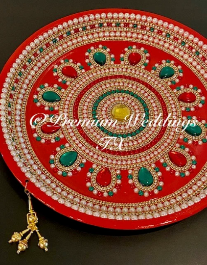 Red Multi Flower Stone Beaded Embellished Mehndi Thaal, Mehndi Plates, Mehndi Thaali, Puja Thaali, Mehndi Decor, Mehndi, Haldi, Haldi Decor, Shaadi Decor, Shagun, Home Decor, Indian Wedding, Punjabi Wedding, Pakistani Wedding, Centerpiece Decor, Wedding Decor, Pearl Gold Embellished Thaali, Red Thaali, Embellished Thaali, Embellished Thaals, Thaali, Mehndi Thaals, Thaals