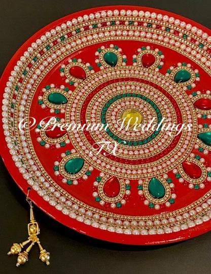 Red Multi Flower Stone Beaded Embellished Mehndi Thaal, Mehndi Plates, Mehndi Thaali, Puja Thaali, Mehndi Decor, Mehndi, Haldi, Haldi Decor, Shaadi Decor, Shagun, Home Decor, Indian Wedding, Punjabi Wedding, Pakistani Wedding, Centerpiece Decor, Wedding Decor, Pearl Gold Embellished Thaali, Red Thaali, Embellished Thaali, Embellished Thaals, Thaali, Mehndi Thaals, Thaals