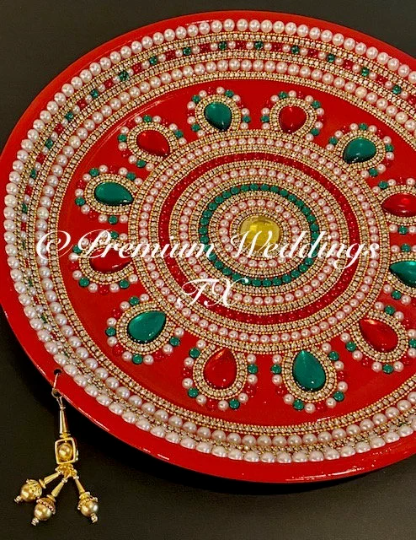 Red Multi Flower Stone Embellished Thaal - Premium Weddings TX