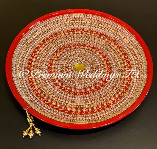 Red Paisley Pearl Embellished Mehndi Thaal, Mehndi Plates, Mehndi Thaali, Puja Thaali, Mehndi Decor, Mehndi, Haldi, Haldi Decor, Shaadi Decor, Shagun, Home Decor, Indian Wedding, Punjabi Wedding, Pakistani Wedding, Centerpiece Decor, Wedding Decor, Pearl Gold Embellished Thaali, Red Thaali, Embellished Thaali, Embellished Thaals, Thaali, Mehndi Thaals, Thaals