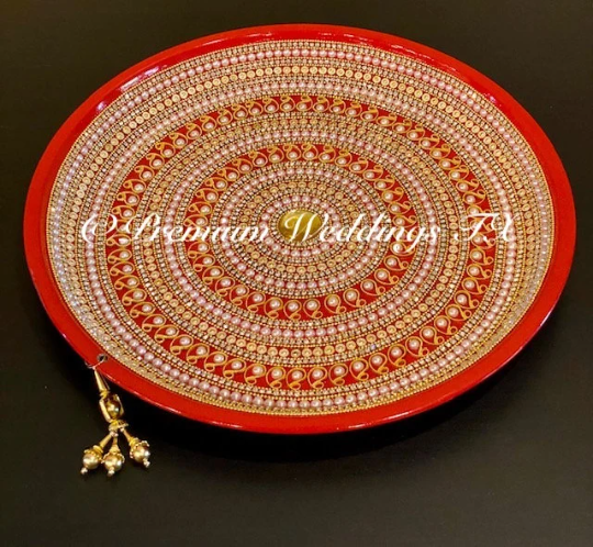 Red Paisley Pearl Embellished Mehndi Thaal, Mehndi Plates, Mehndi Thaali, Puja Thaali, Mehndi Decor, Mehndi, Haldi, Haldi Decor, Shaadi Decor, Shagun, Home Decor, Indian Wedding, Punjabi Wedding, Pakistani Wedding, Centerpiece Decor, Wedding Decor, Pearl Gold Embellished Thaali, Red Thaali, Embellished Thaali, Embellished Thaals, Thaali, Mehndi Thaals, Thaals