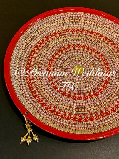 Red Paisley Pearl Embellished Mehndi Thaal, Mehndi Plates, Mehndi Thaali, Puja Thaali, Mehndi Decor, Mehndi, Haldi, Haldi Decor, Shaadi Decor, Shagun, Home Decor, Indian Wedding, Punjabi Wedding, Pakistani Wedding, Centerpiece Decor, Wedding Decor, Pearl Gold Embellished Thaali, Red Thaali, Embellished Thaali, Embellished Thaals, Thaali, Mehndi Thaals, Thaals