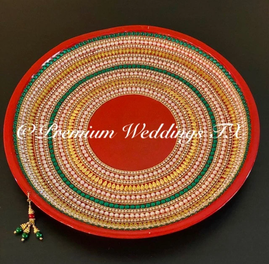 Red/Green/Pearl Beaded Embellished Mehndi Thaal, Mehndi Plates, Mehndi Thaali, Puja Thaali, Mehndi Decor, Mehndi, Haldi, Haldi Decor, Shaadi Decor, Shagun, Home Decor, Indian Wedding, Punjabi Wedding, Pakistani Wedding, Centerpiece Decor, Wedding Decor, Pearl Gold Embellished Thaali, Red Thaali, Embellished Thaali, Embellished Thaals, Thaali, Mehndi Thaals, Thaals