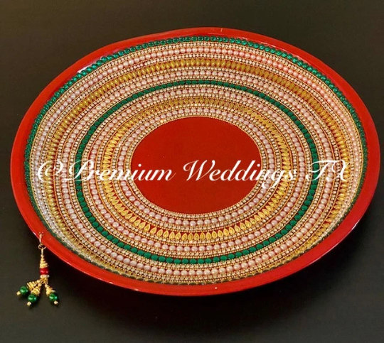 Red/Green/Pearl Beaded Embellished Mehndi Thaal, Mehndi Plates, Mehndi Thaali, Puja Thaali, Mehndi Decor, Mehndi, Haldi, Haldi Decor, Shaadi Decor, Shagun, Home Decor, Indian Wedding, Punjabi Wedding, Pakistani Wedding, Centerpiece Decor, Wedding Decor, Pearl Gold Embellished Thaali, Red Thaali, Embellished Thaali, Embellished Thaals, Thaali, Mehndi Thaals, Thaals