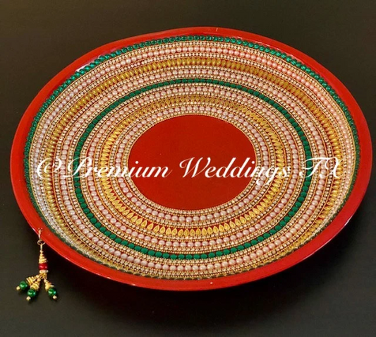 Red/Green/Pearl Beaded Thaal - Premium Weddings TX