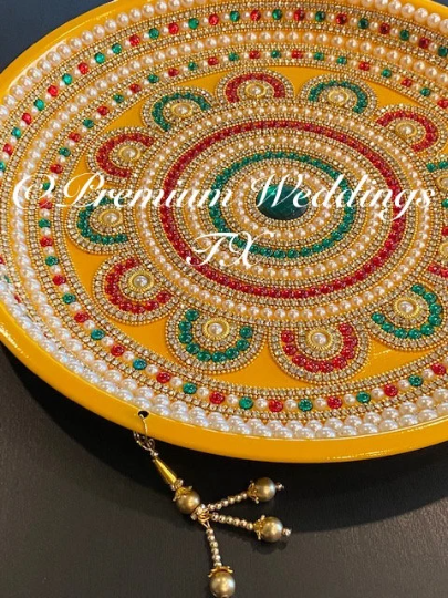 Yellow MultiStone Flower Thaali, Mehndi Thaal, Mehndi Plates, Mehndi Thaali, Puja Thaali, Mehndi Decor, Mehndi, Haldi, Haldi Decor, Shaadi Decor, Shagun, Home Decor, Indian Wedding, Punjabi Wedding, Pakistani Wedding, Centerpiece Decor, Wedding Decor, Pearl Gold Embellished Thaali, Red Thaali, Embellished Thaali, Embellished Thaals, Thaali, Mehndi Thaals, Thaals