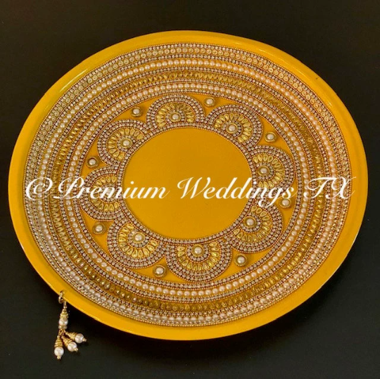 Yellow Pearl & Flower Mandala Mehndi Thaali, Mehndi Thaal, Mehndi Plates, Mehndi Thaali, Puja Thaali, Mehndi Decor, Mehndi, Haldi, Haldi Decor, Shaadi Decor, Shagun, Home Decor, Indian Wedding, Punjabi Wedding, Pakistani Wedding, Centerpiece Decor, Wedding Decor, Pearl Gold Embellished Thaali, Red Thaali, Embellished Thaali, Embellished Thaals, Thaali, Mehndi Thaals, Thaals